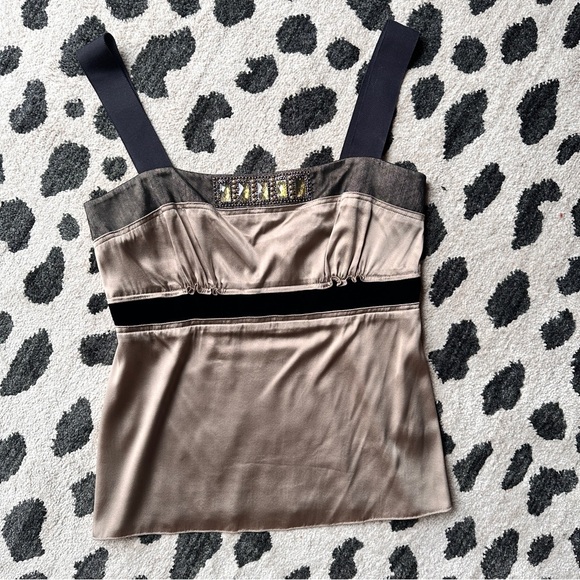 Ellie Tahari Silk Embellished Champagne/ Gold Color Top W/ Black Velvet & Lace M - Picture 6 of 15
